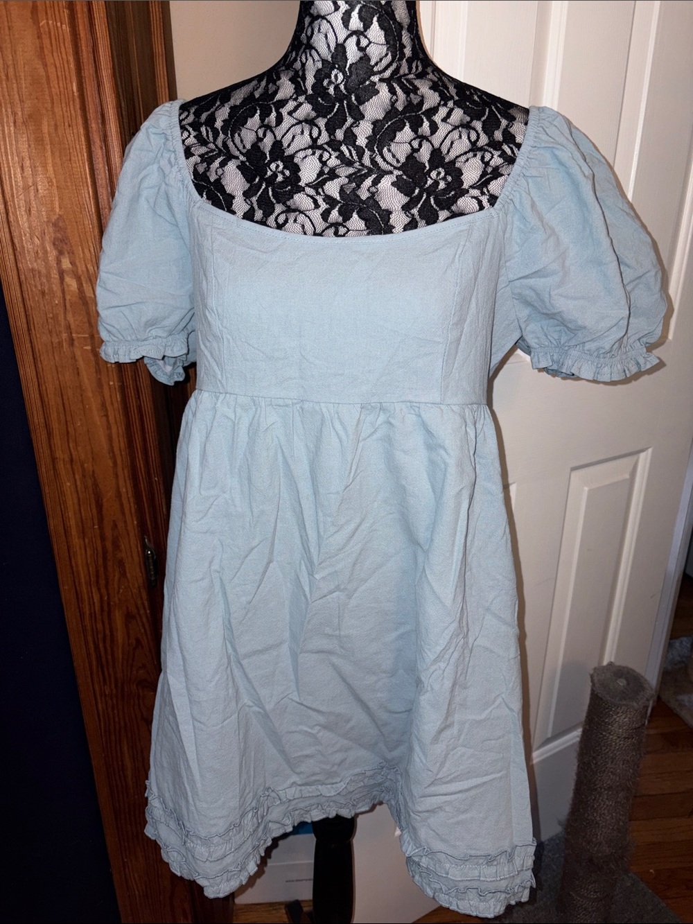Puff-Sleeve Light Denim Blue Dress